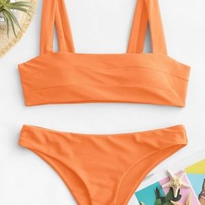Orange Padded Wide Strap Bandeau Bikini Set